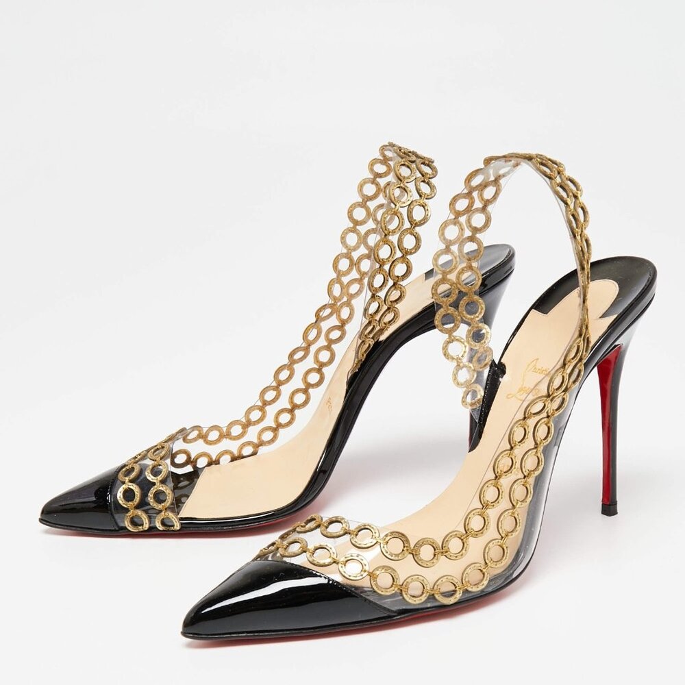 Christian Louboutin Black Patent Leather  PVC Malaika Chain Slingback Pumps 39